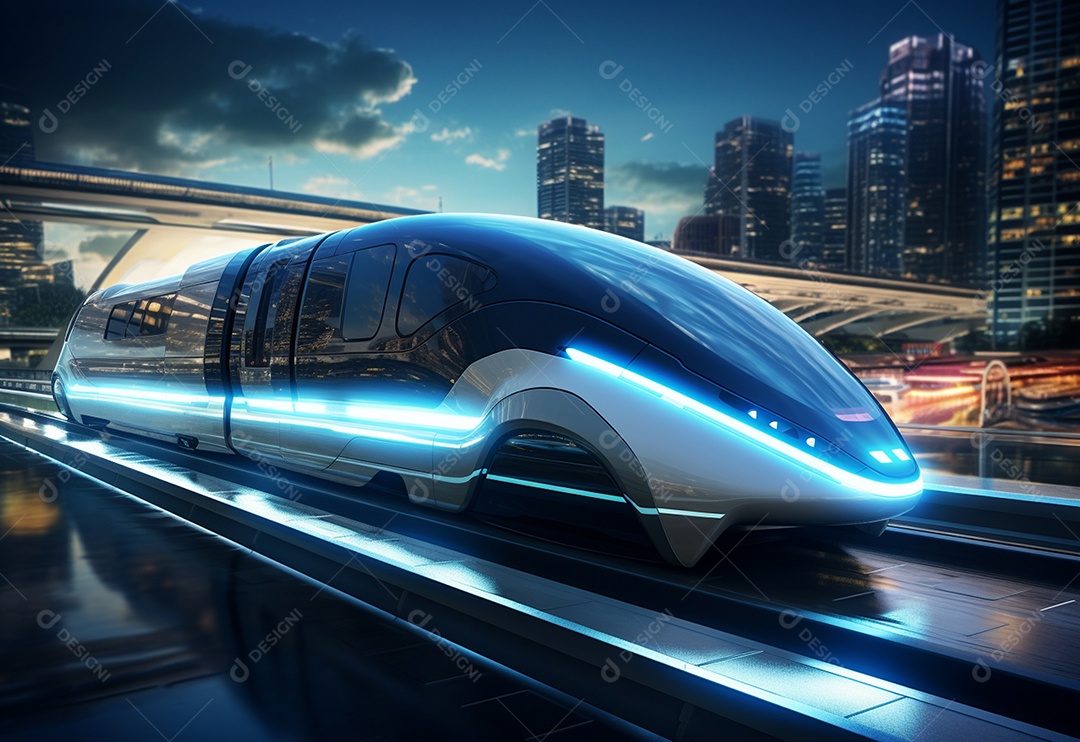 Trem-bala generativo de alta velocidade viajando pela cidade futurista