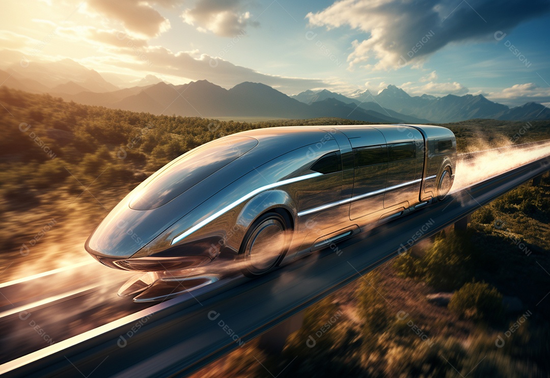 Trem-bala generativo de alta velocidade viajando pela cidade futurista