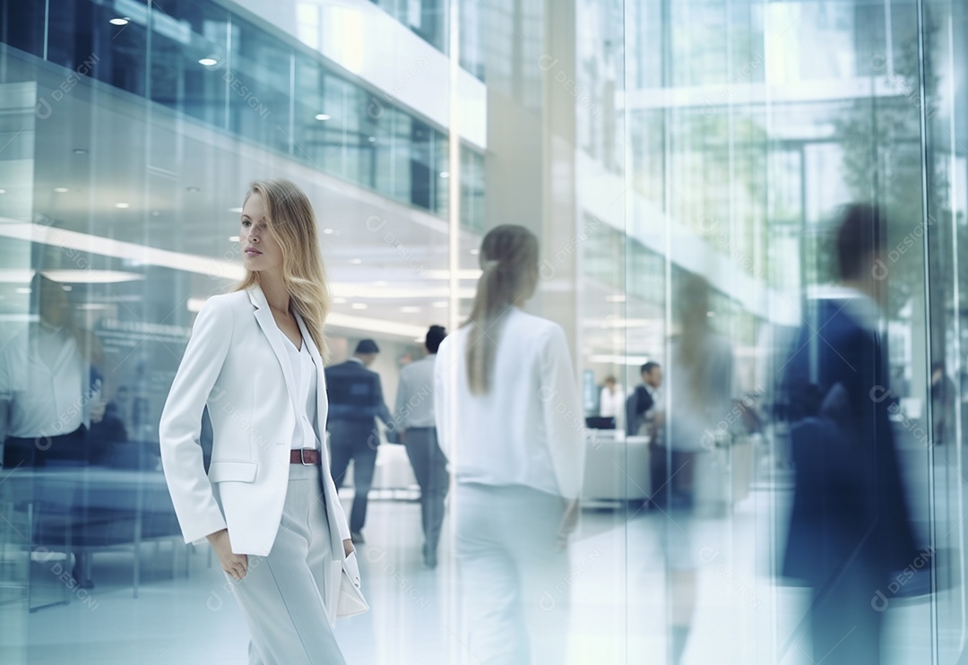 Pessoas de negócios turva no fundo do escritório de vidro branco