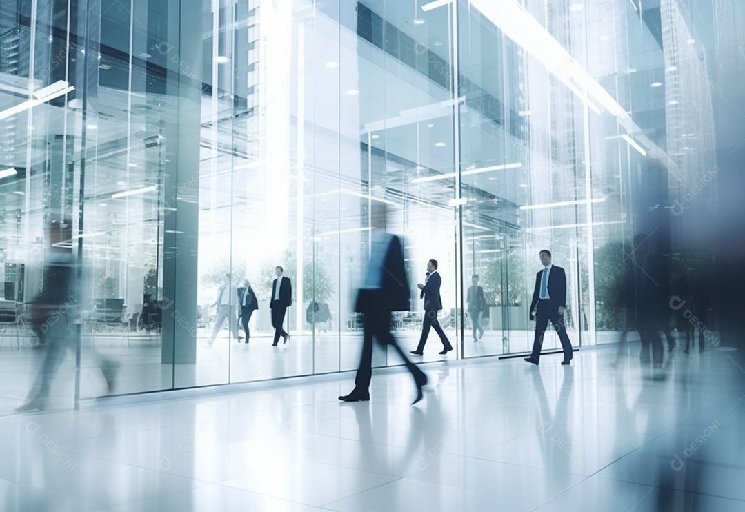Pessoas de negócios turva no fundo do escritório de vidro branco