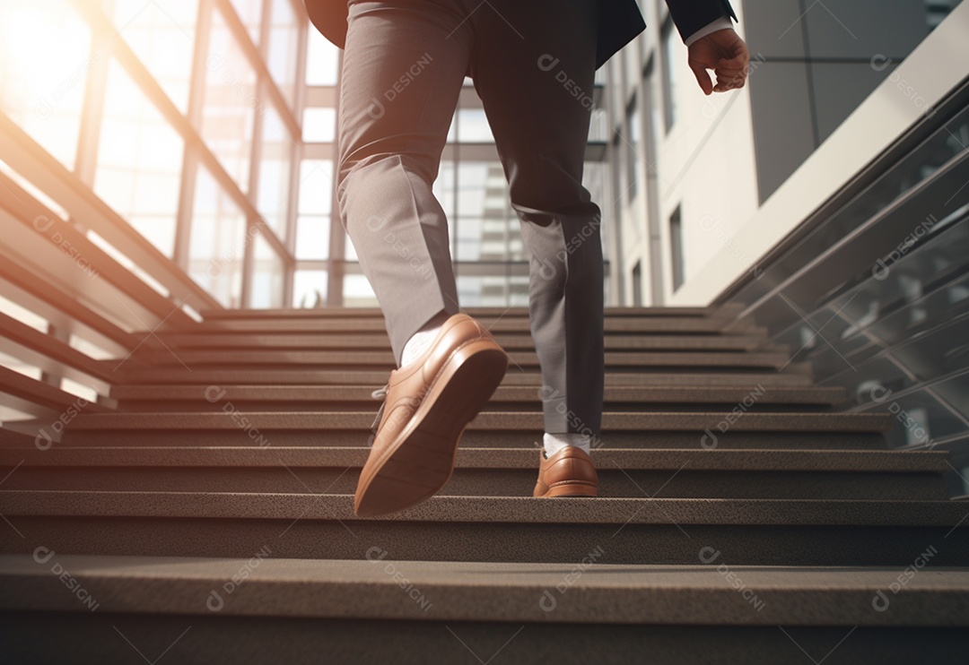 Pés do jovem empresário subindo escadas correndo