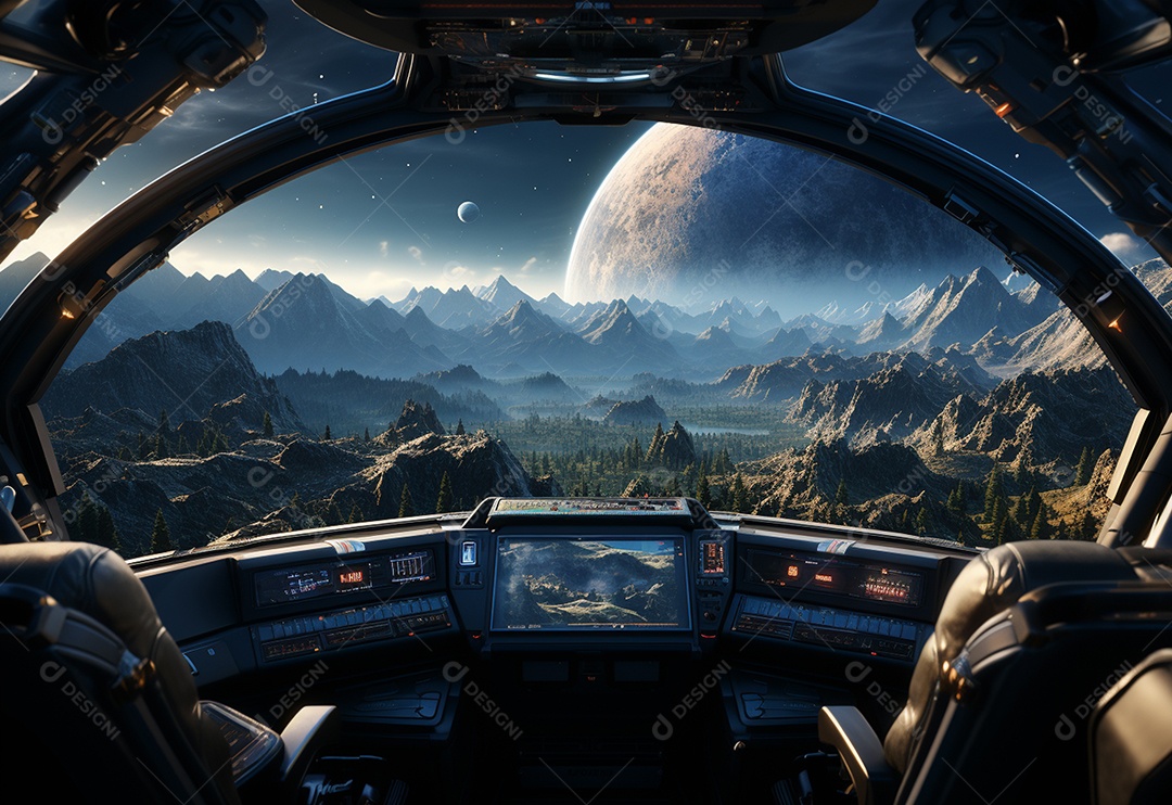 Nave espacial com lua e planetas