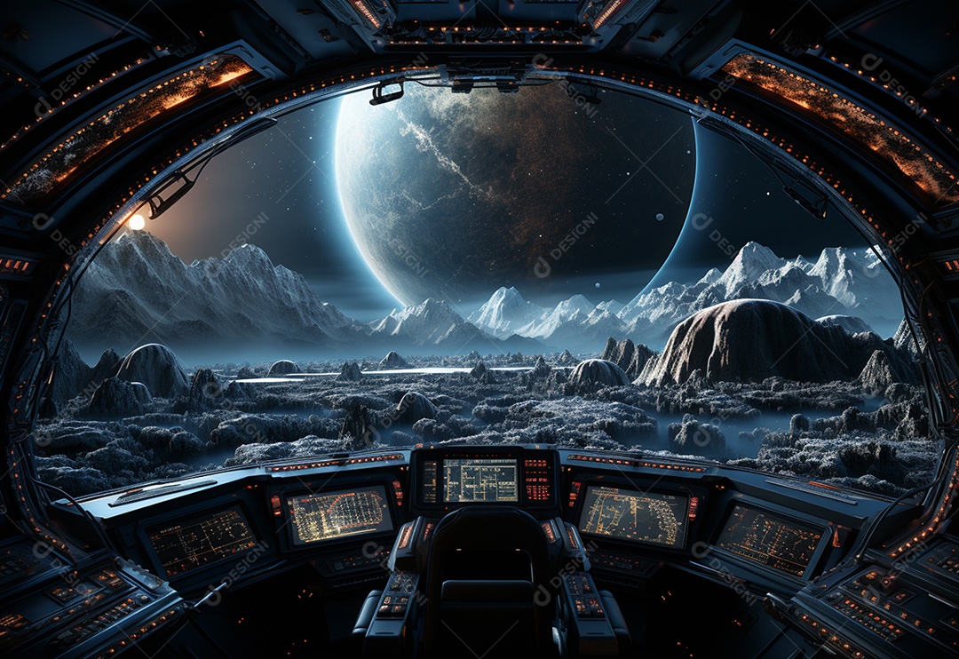 Nave espacial com lua e planetas