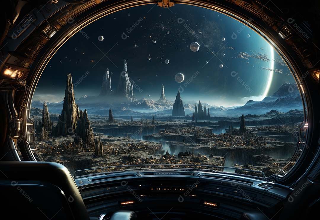 Nave espacial com lua e planetas