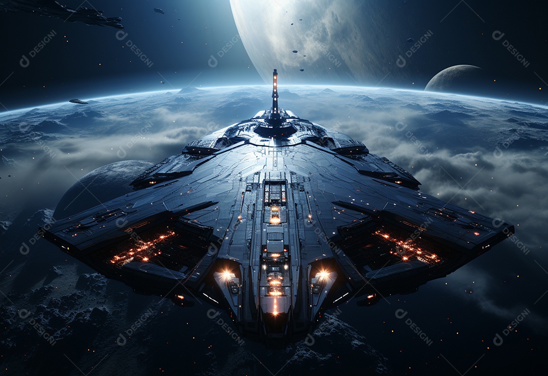Nave espacial com lua e planetas