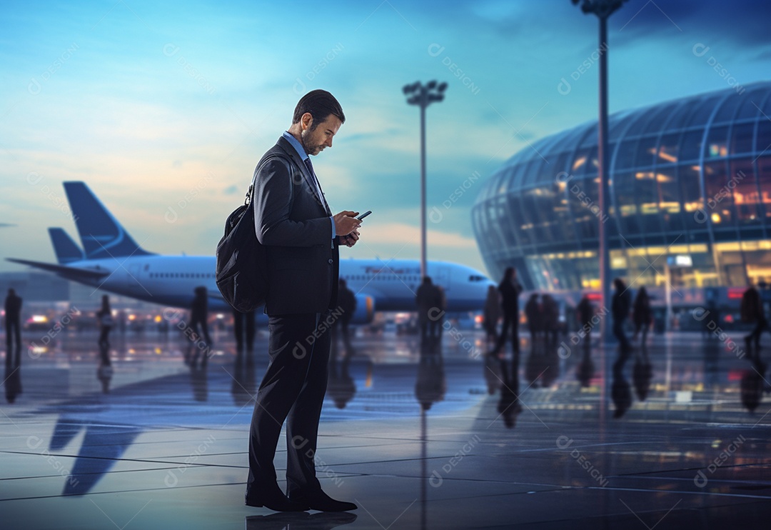 Homem em espera de avião no aeroporto