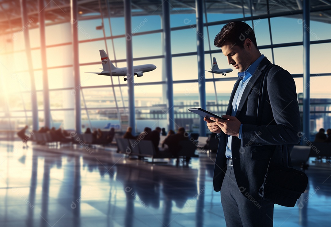 Homem em espera de avião no aeroporto