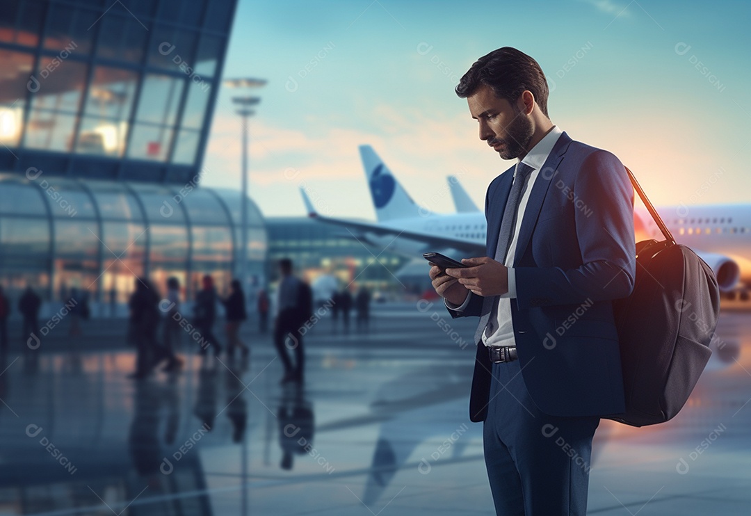 Homem em espera de avião no aeroporto