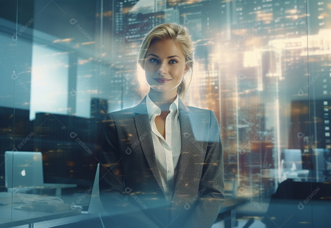 Imagem de dupla exposição de empresária e escritório