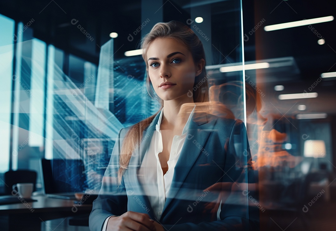 Imagem de dupla exposição de empresária e escritório