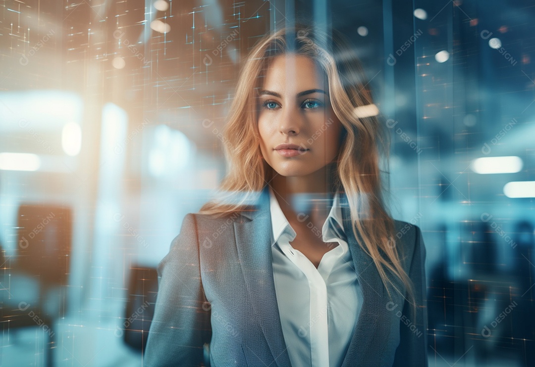 Imagem de dupla exposição de empresária e escritório