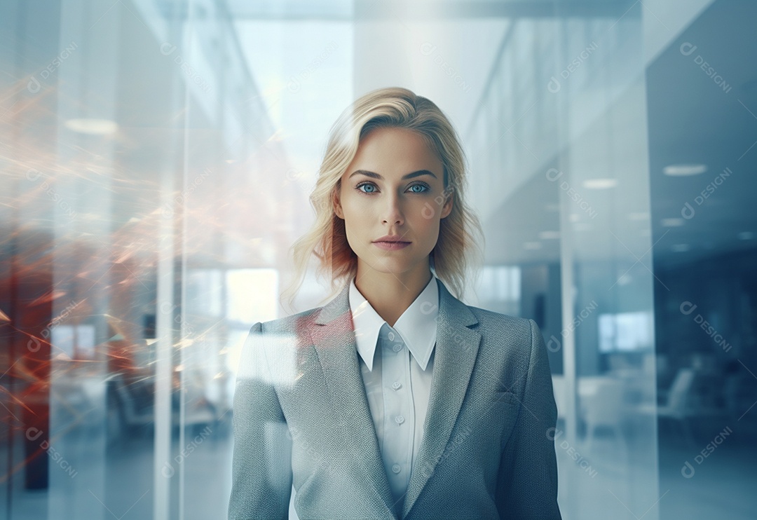 Imagem de dupla exposição de empresária e escritório