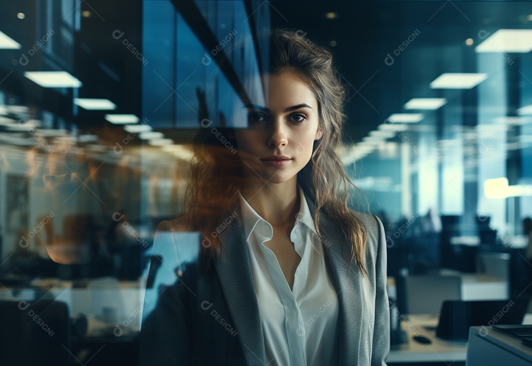 Imagem de dupla exposição de empresária e escritório