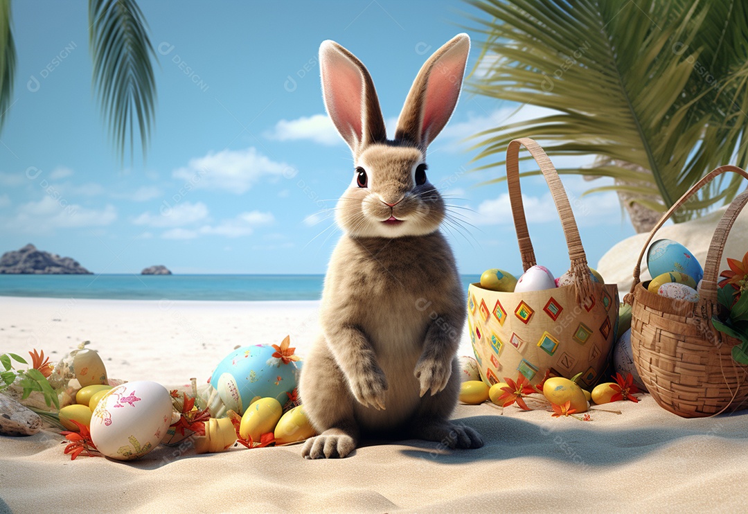 Coelhinho da Páscoa com ovos de Páscoa na praia