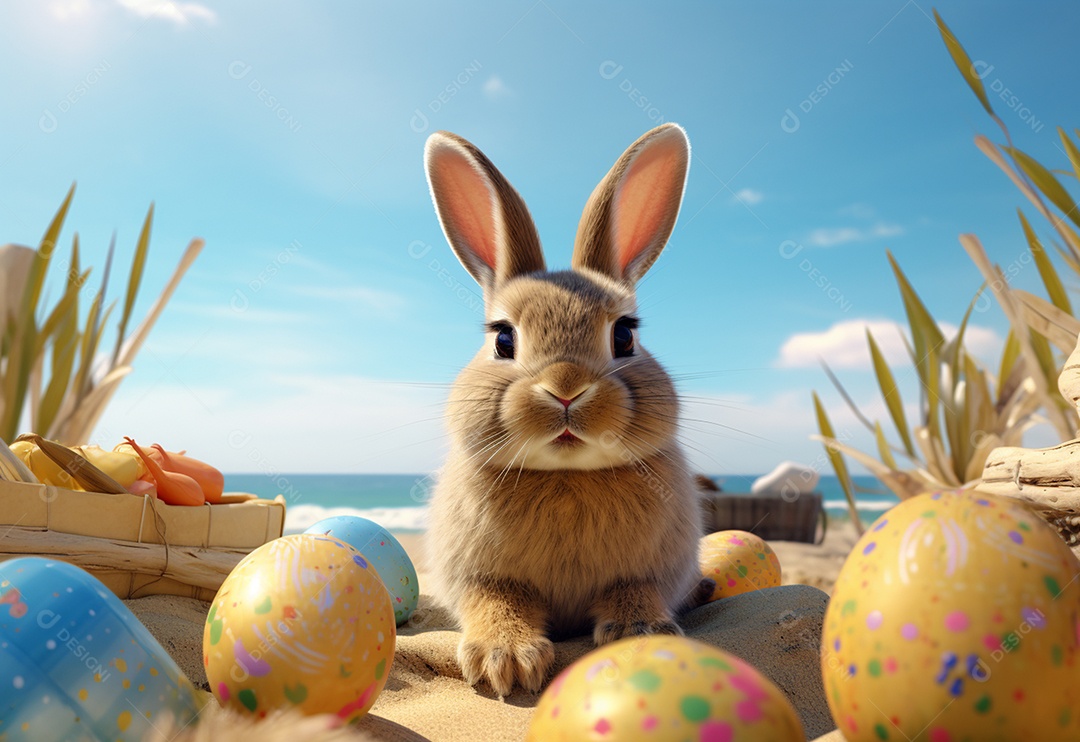 Coelhinho da Páscoa com ovos de Páscoa na praia