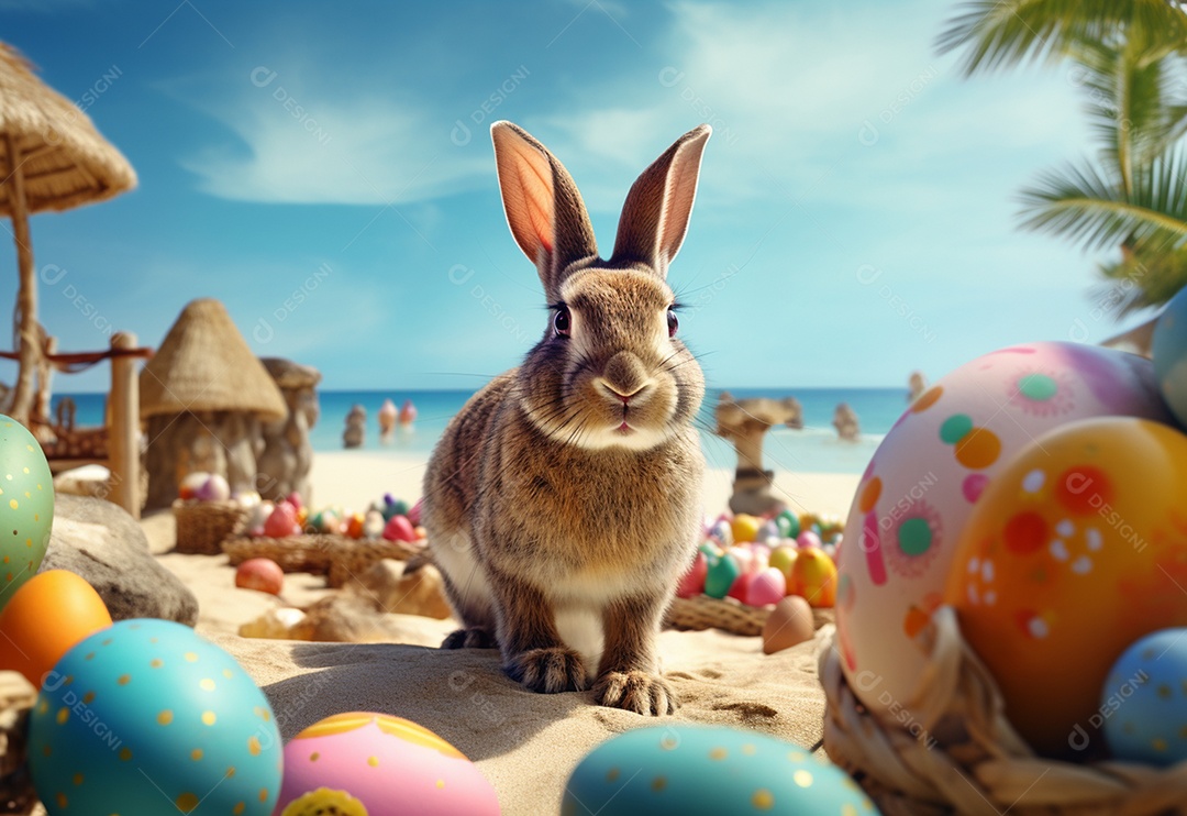 Coelhinho da Páscoa com ovos de Páscoa na praia