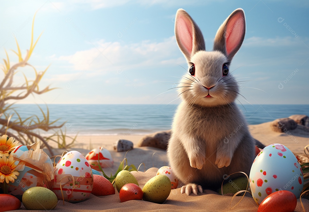Coelhinho da Páscoa com ovos de Páscoa na praia