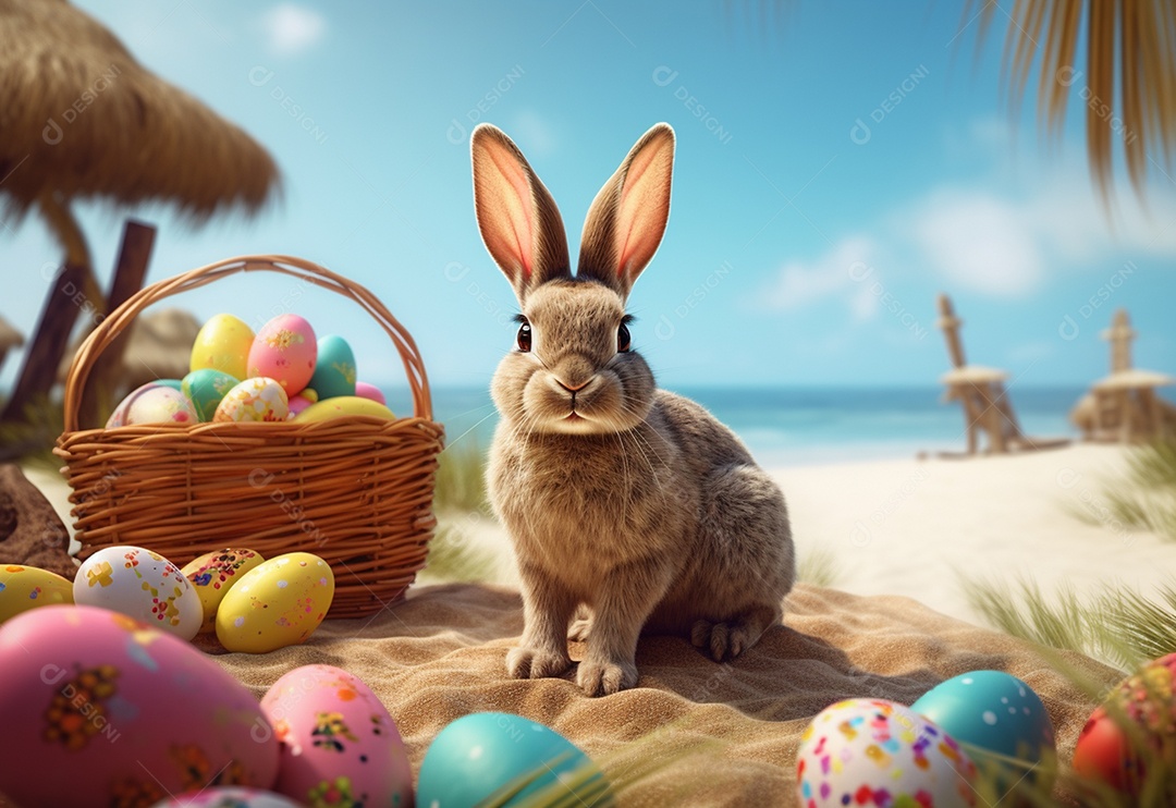 Coelhinho da Páscoa com ovos de Páscoa na praia