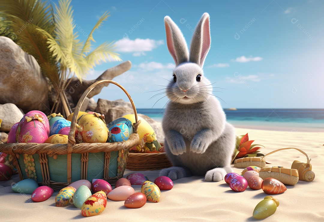Coelhinho da Páscoa com ovos de Páscoa na praia