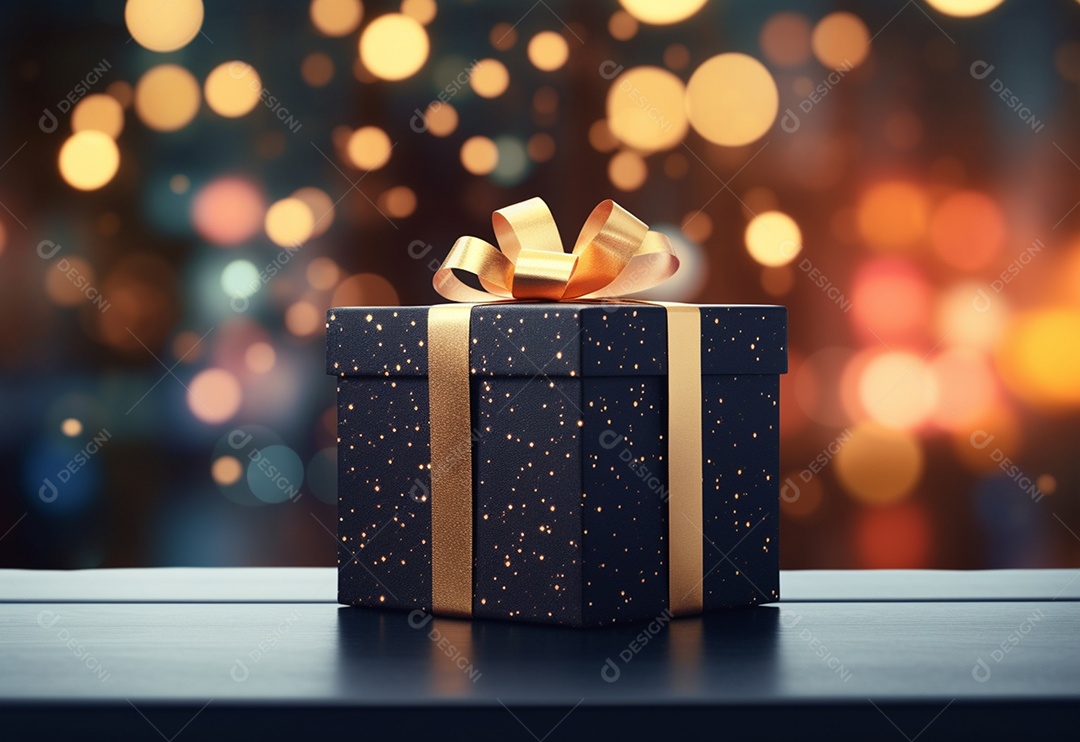 Caixa de presente preta festiva contra o fundo bokeh