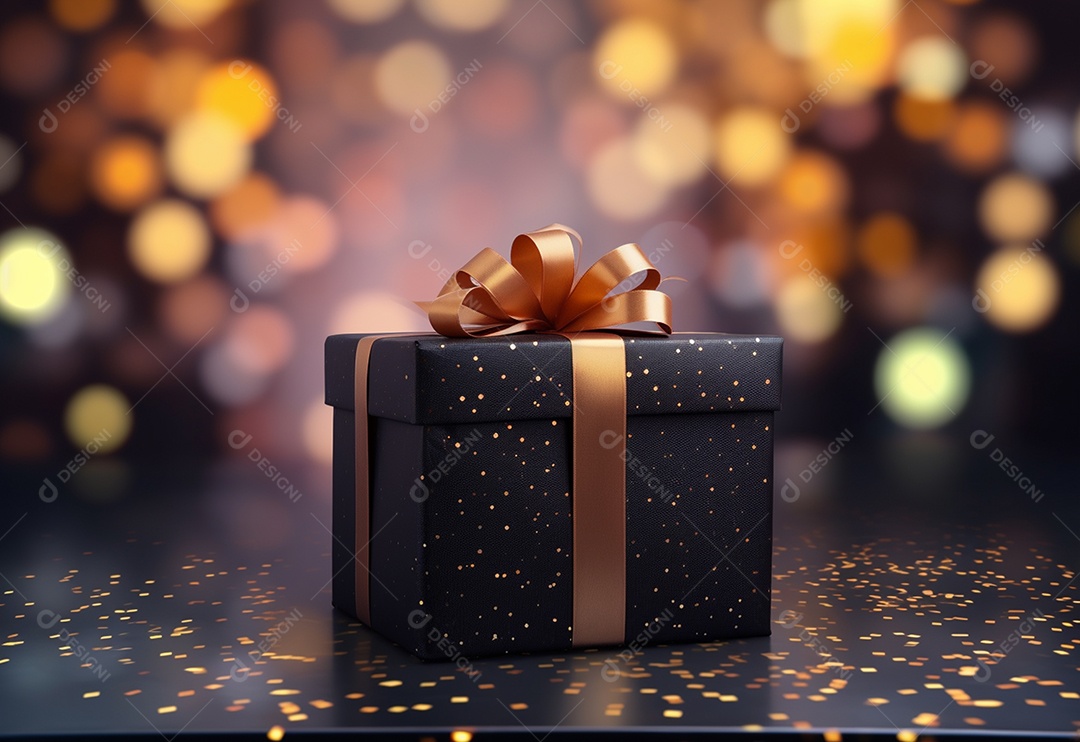 Caixa de presente preta festiva contra o fundo bokeh