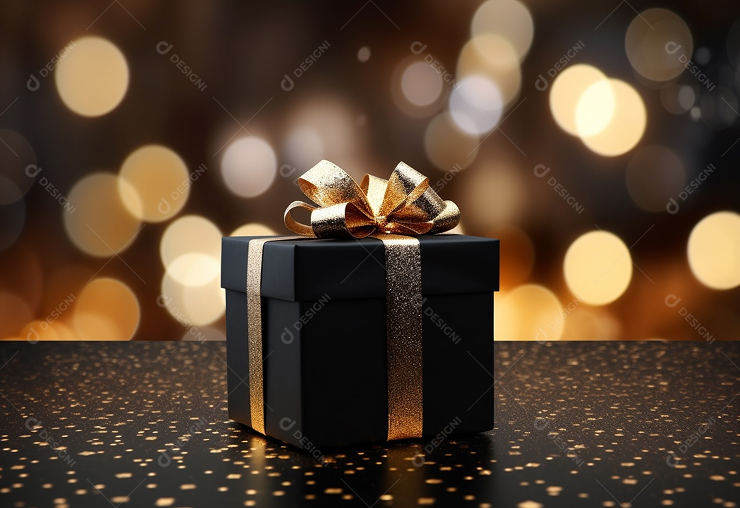 Caixa de presente preta festiva contra o fundo bokeh