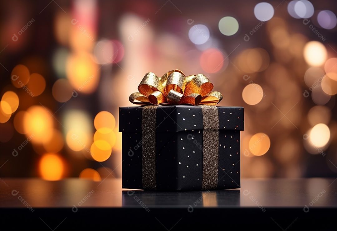 Caixa de presente preta festiva contra o fundo bokeh