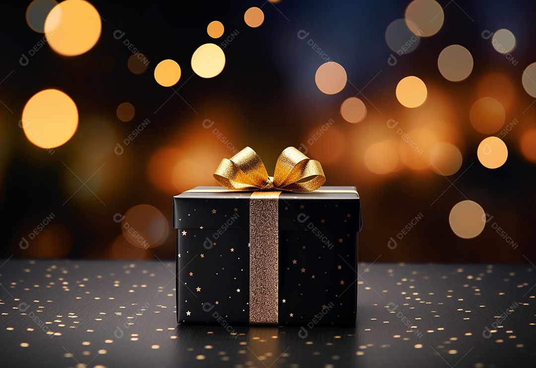 Caixa de presente preta festiva contra o fundo bokeh