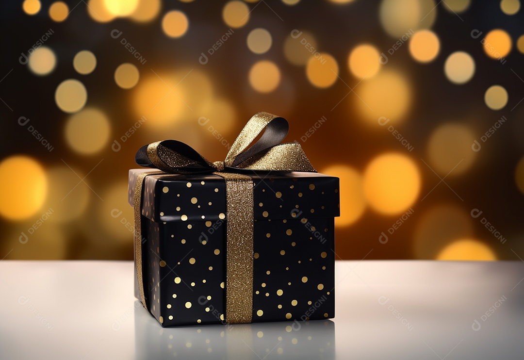 Caixa de presente preta festiva contra o fundo bokeh