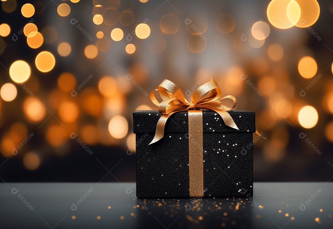 Caixa de presente preta festiva contra o fundo bokeh