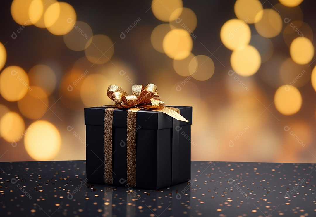 Caixa de presente preta festiva contra o fundo bokeh