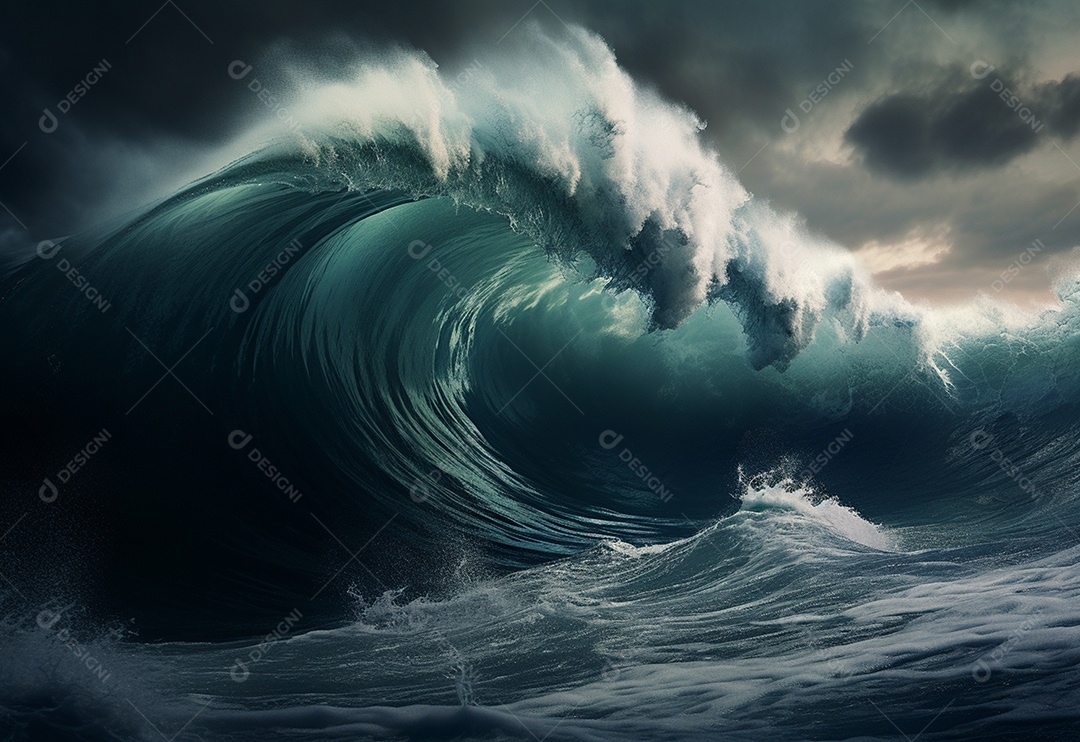 O tsunami gigante acena o céu escuro e tempestuoso