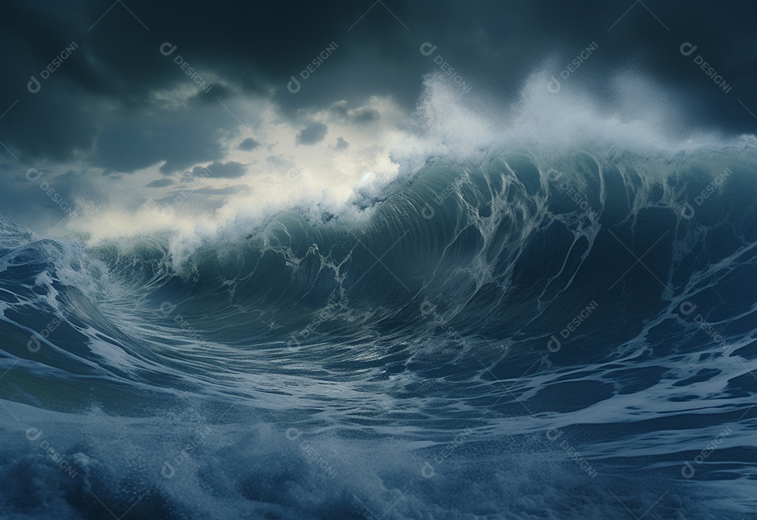 O tsunami gigante acena o céu escuro e tempestuoso