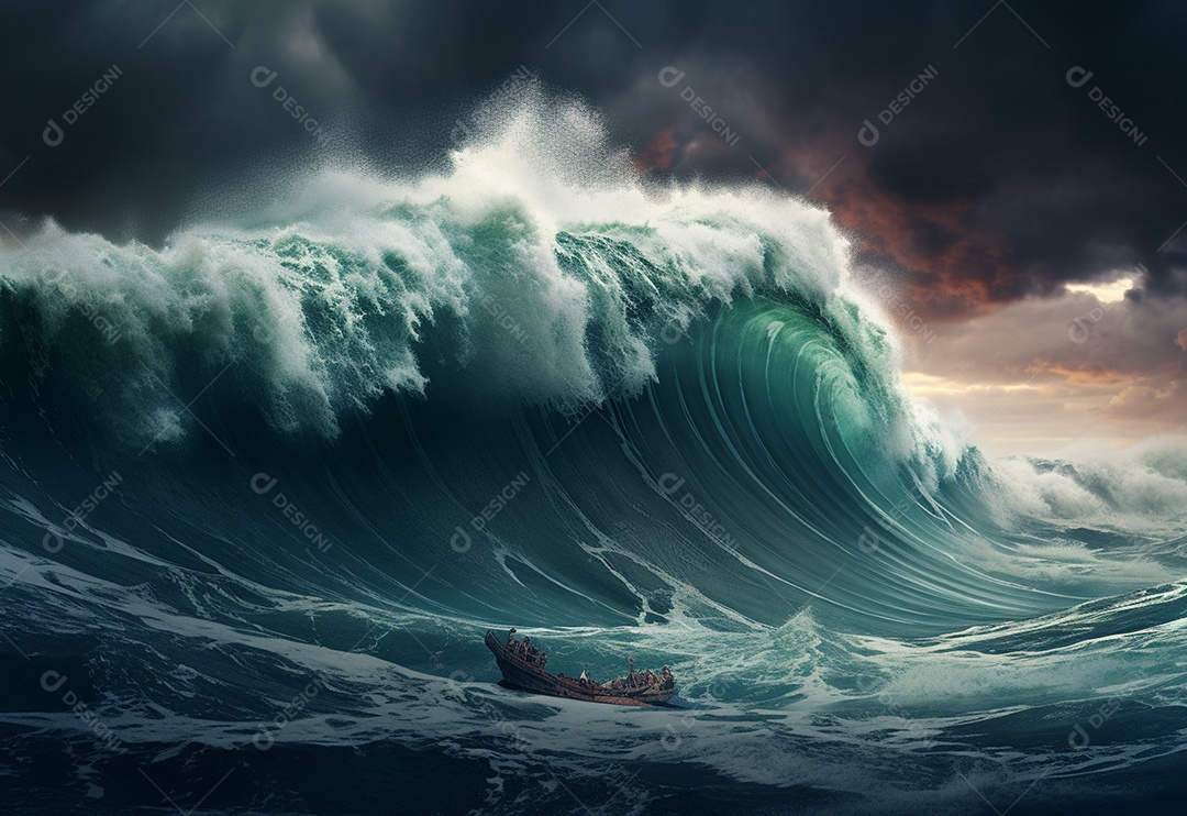 O tsunami gigante acena o céu escuro e tempestuoso