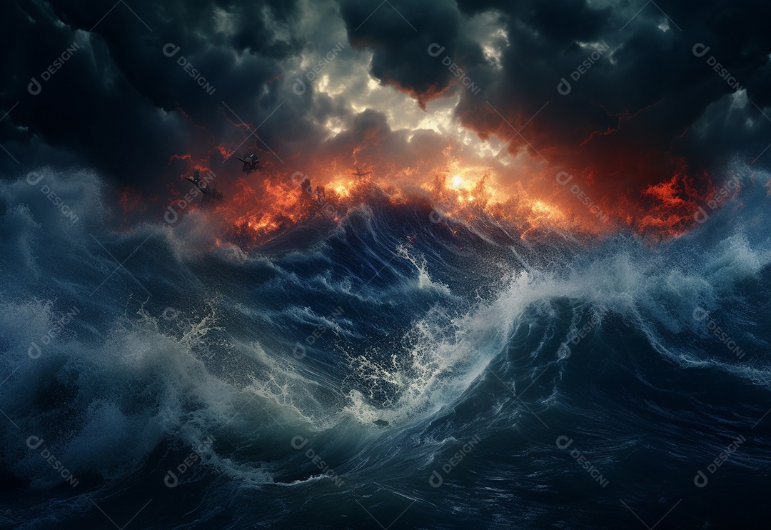 O tsunami gigante acena o céu escuro e tempestuoso