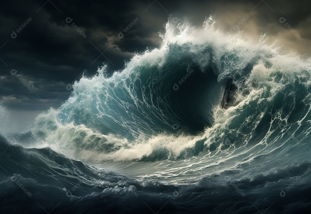 O tsunami gigante acena o céu escuro e tempestuoso