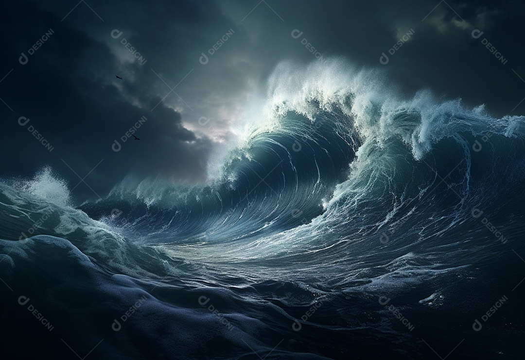 O tsunami gigante acena o céu escuro e tempestuoso