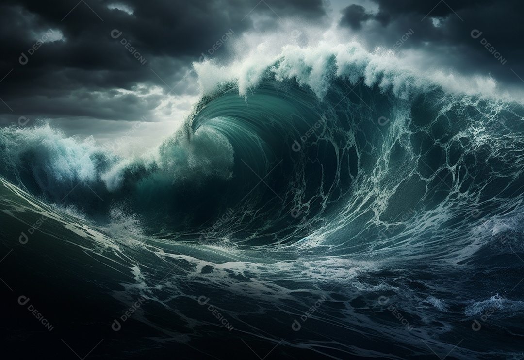 O tsunami gigante acena o céu escuro e tempestuoso
