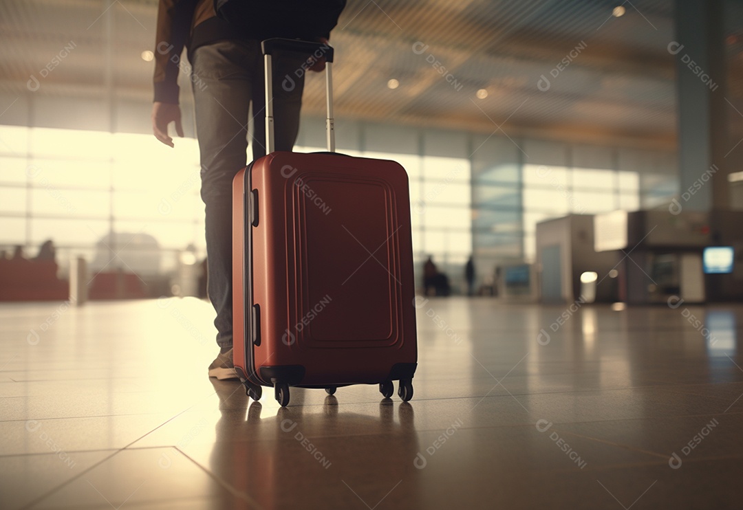 Mão segurando a mala andando no aeroporto