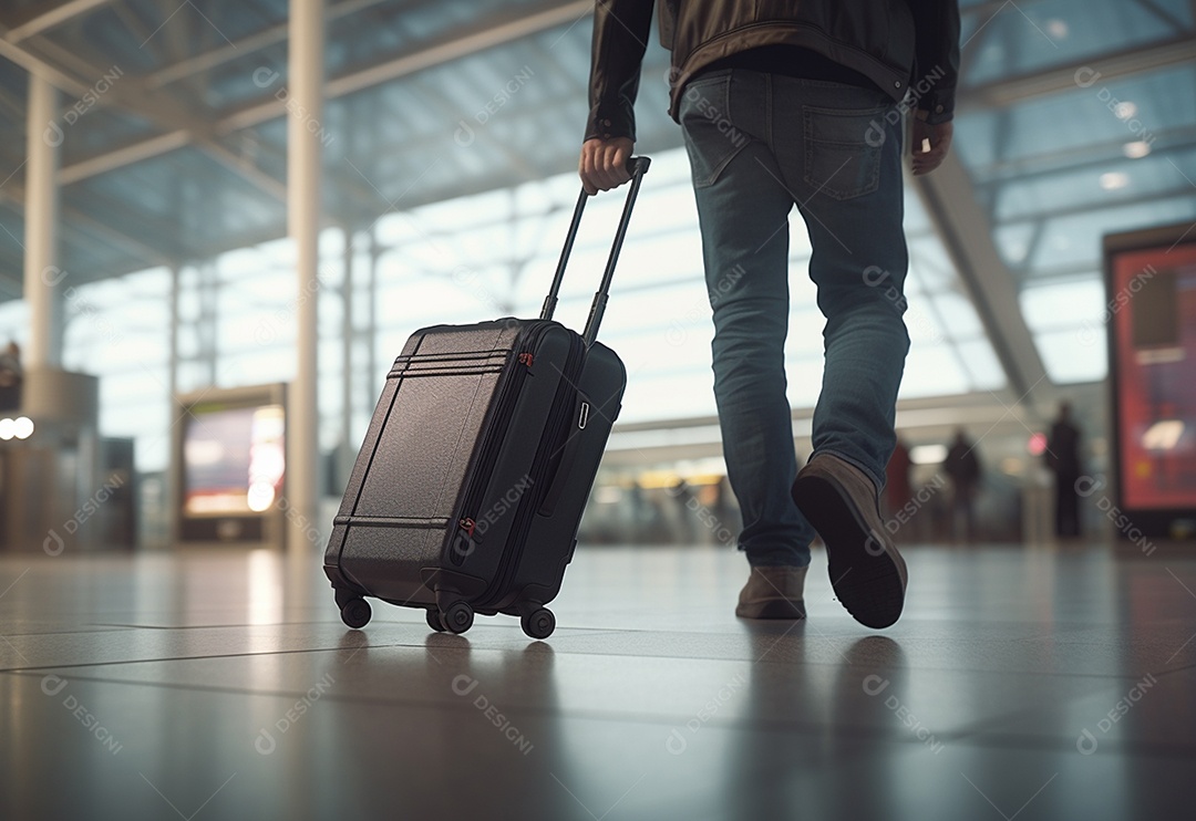 Mão segurando a mala andando no aeroporto