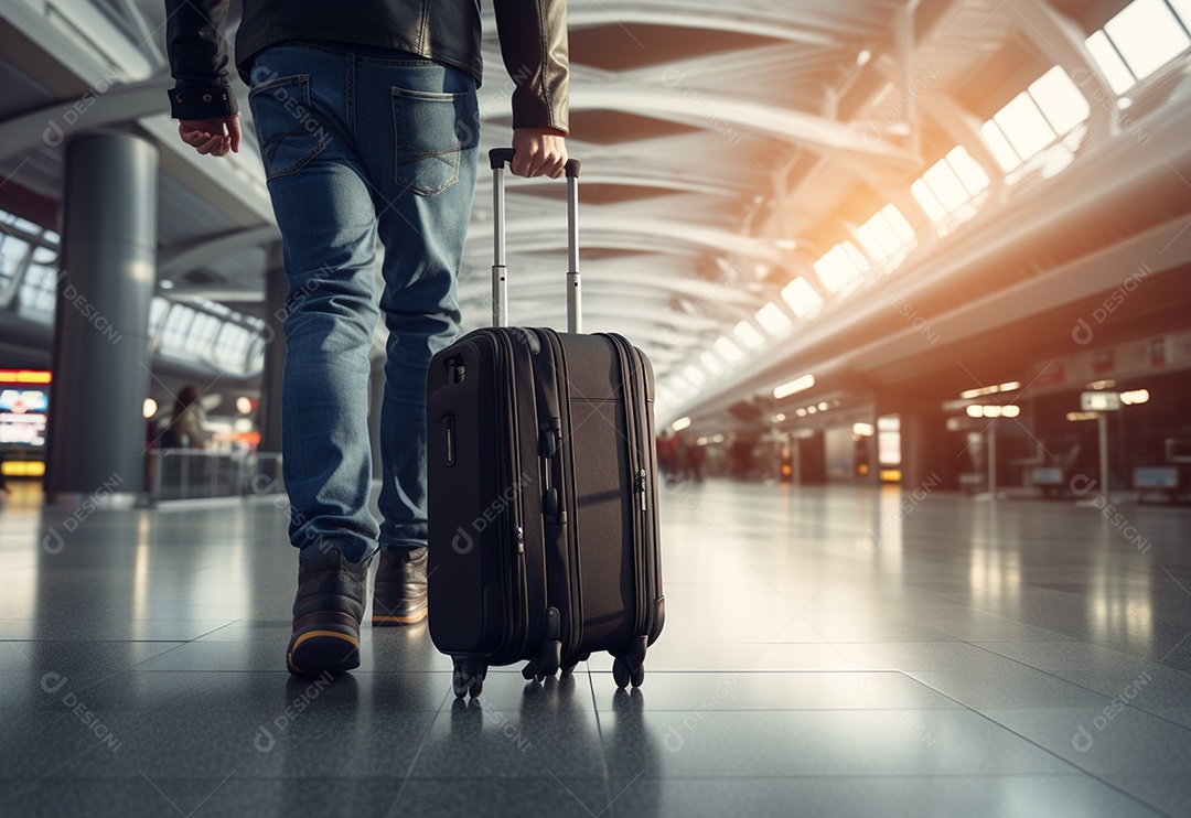 Mão segurando a mala andando no aeroporto