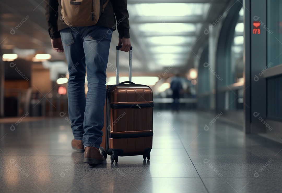 Mão segurando a mala andando no aeroporto