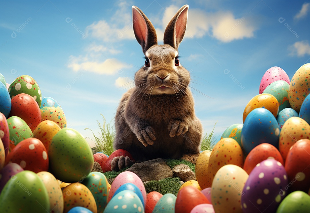 Coelhinho da Páscoa feliz com muitos ovos de Páscoa coloridos