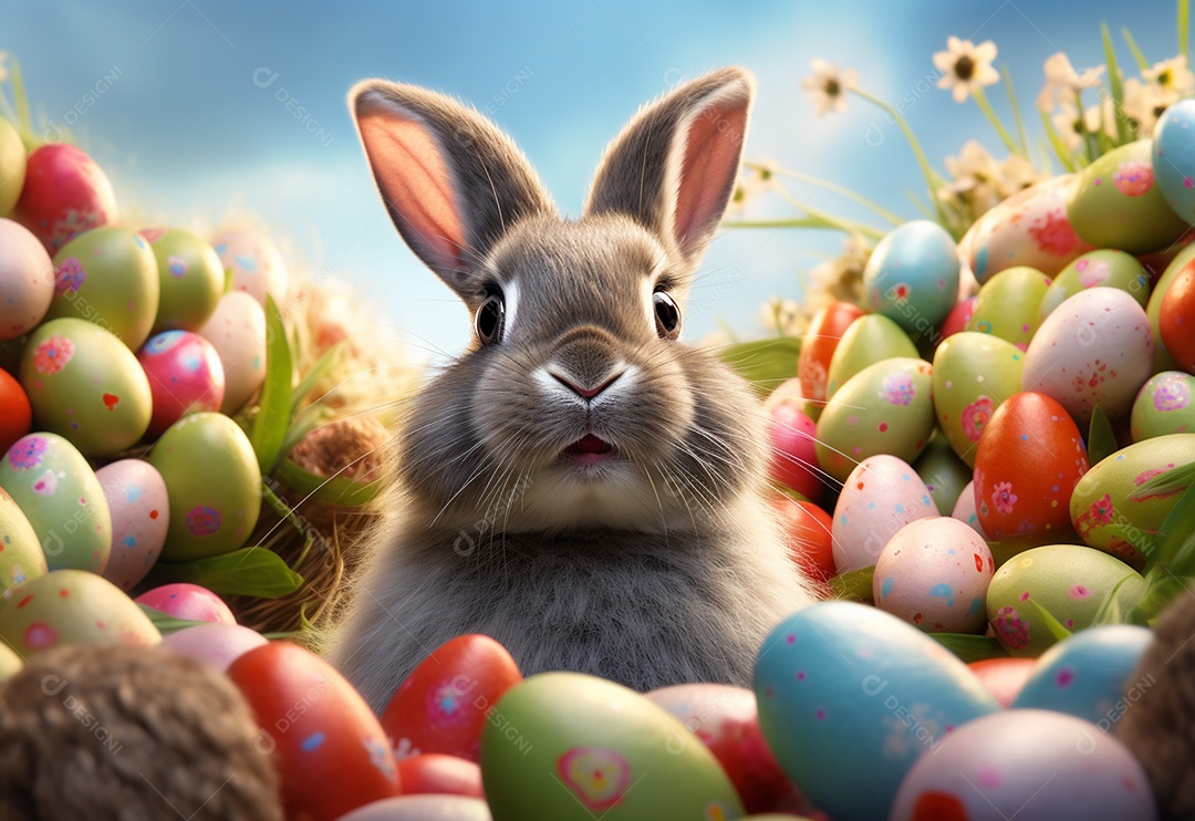 Coelhinho da Páscoa feliz com muitos ovos de Páscoa coloridos