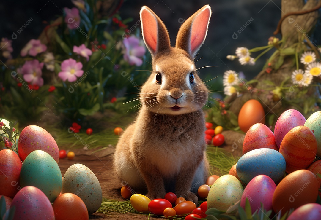 Coelhinho da Páscoa feliz com muitos ovos de Páscoa coloridos