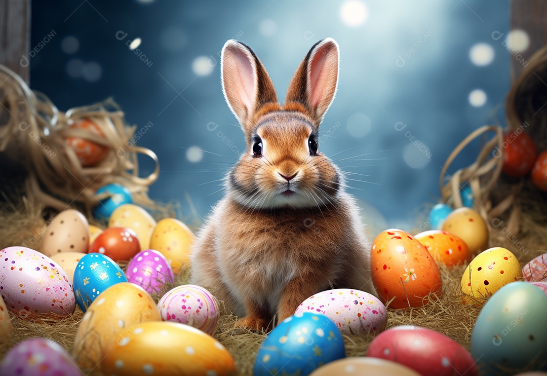 Coelho de páscoa sobre ovos coloridos