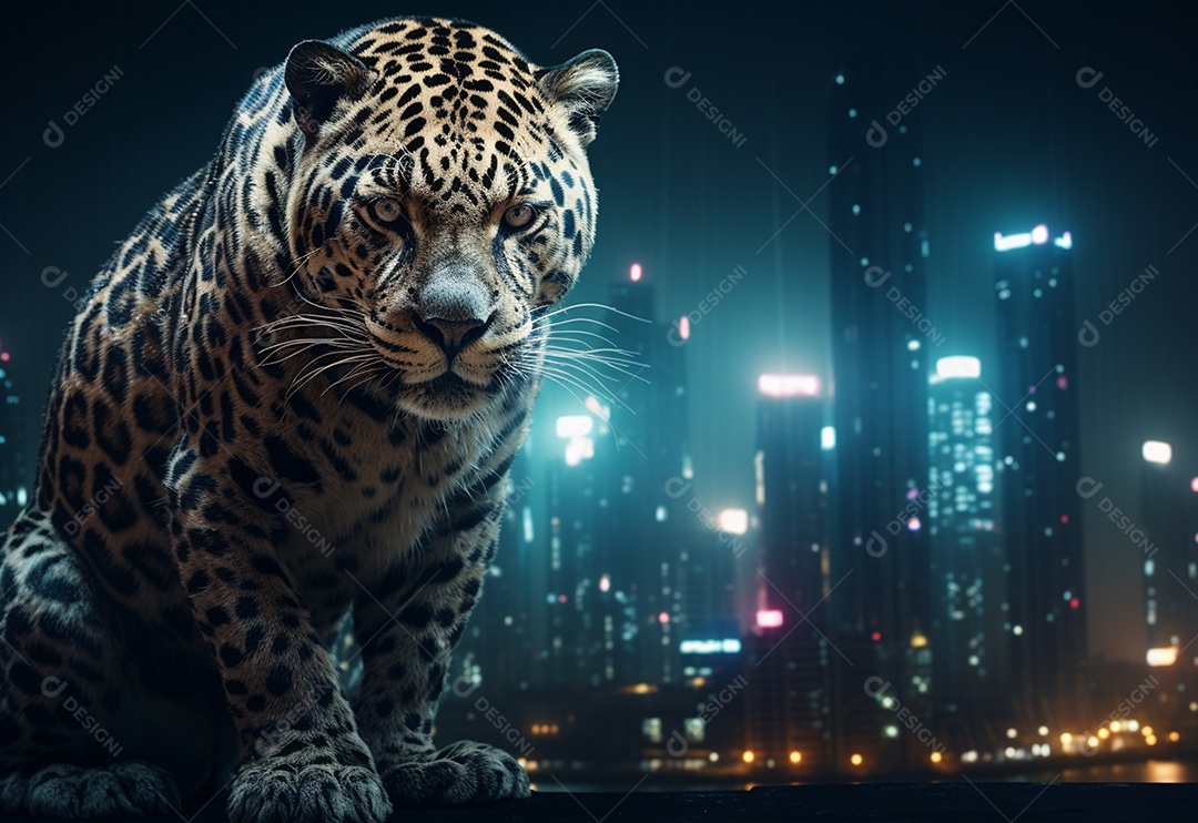 Lindo leopardo com fundo de cidade iluminada