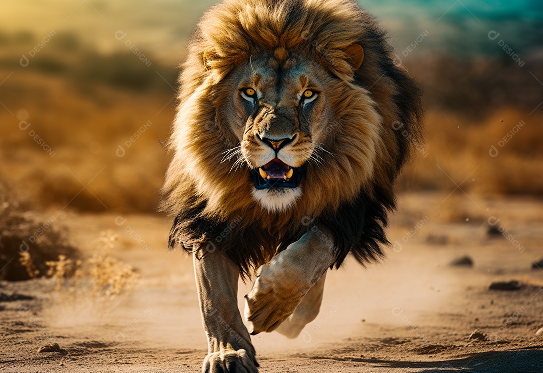 Lindo leão correndo na savana