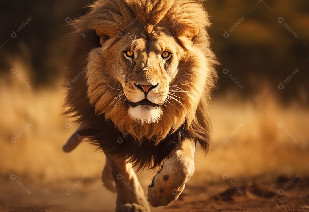 Lindo leão correndo na savana