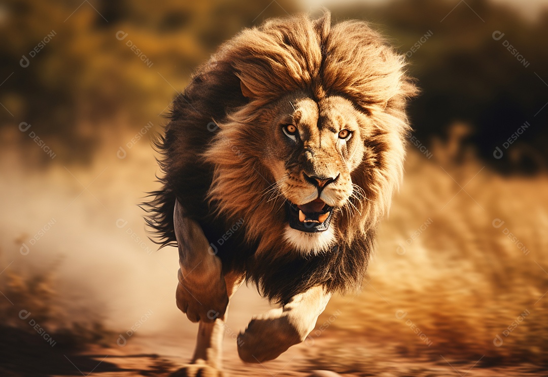 Lindo leão correndo na savana